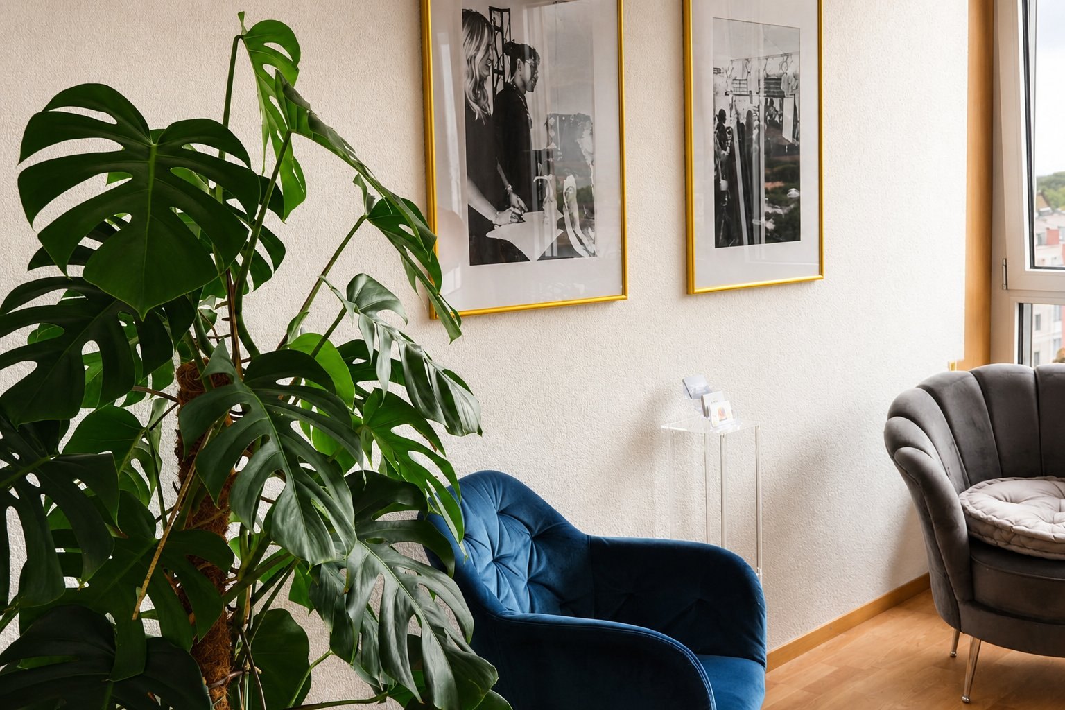 La salle d'attente du salon, fauteuils en velours